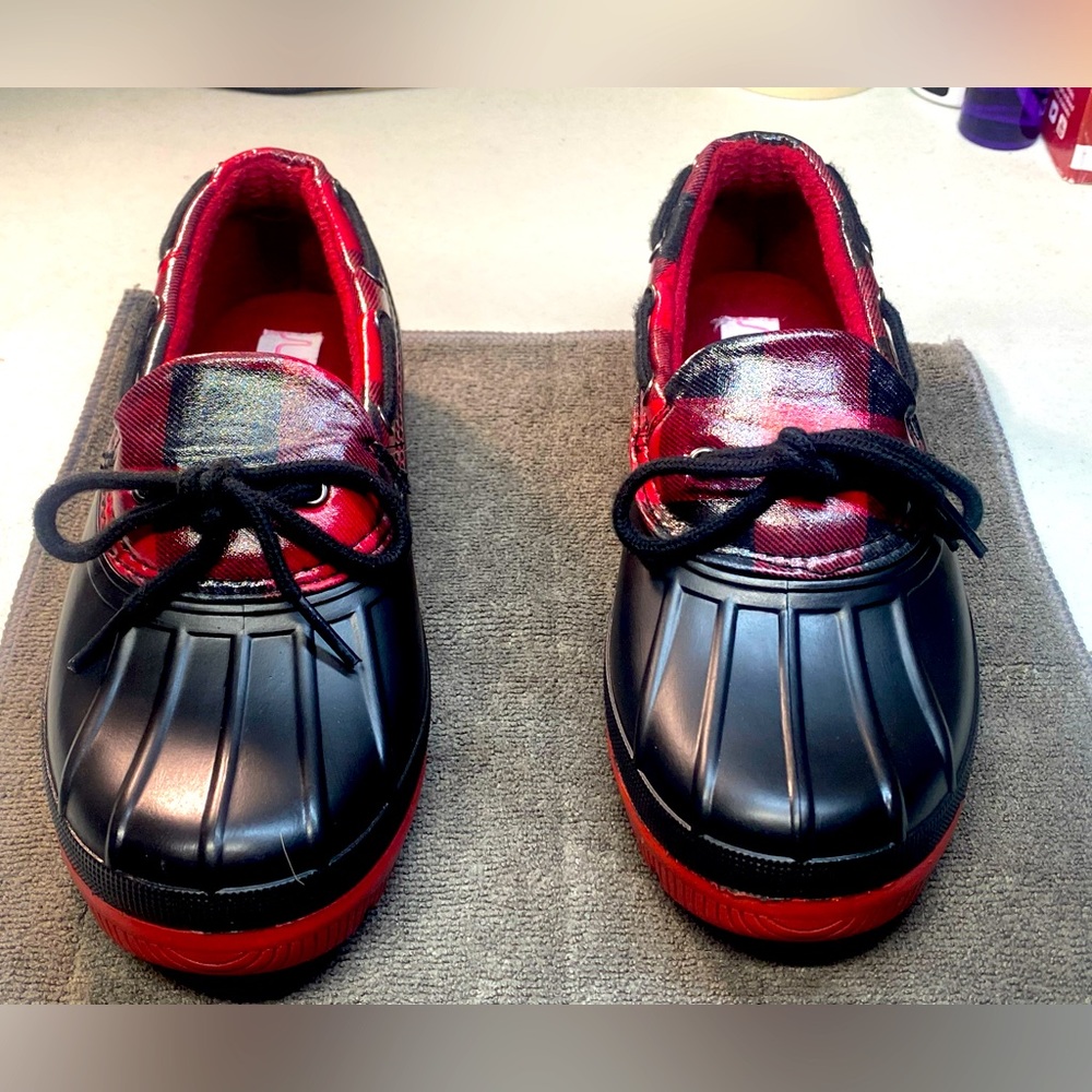 Sugar Swippery LS023(Checker-Red & Black)Slip-On Duck Rain Shoes Size:7